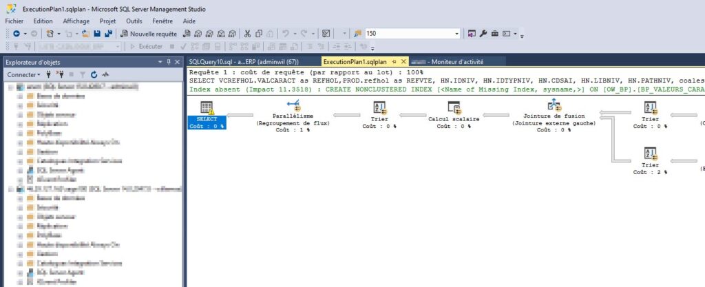 SQLSMS analyse la requête et propose de créer un index pour l'optimiser
